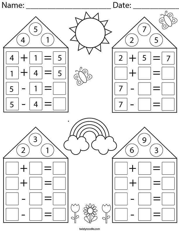 Addition Subtraction Fact Family Houses Math Worksheet Twisty Noodle